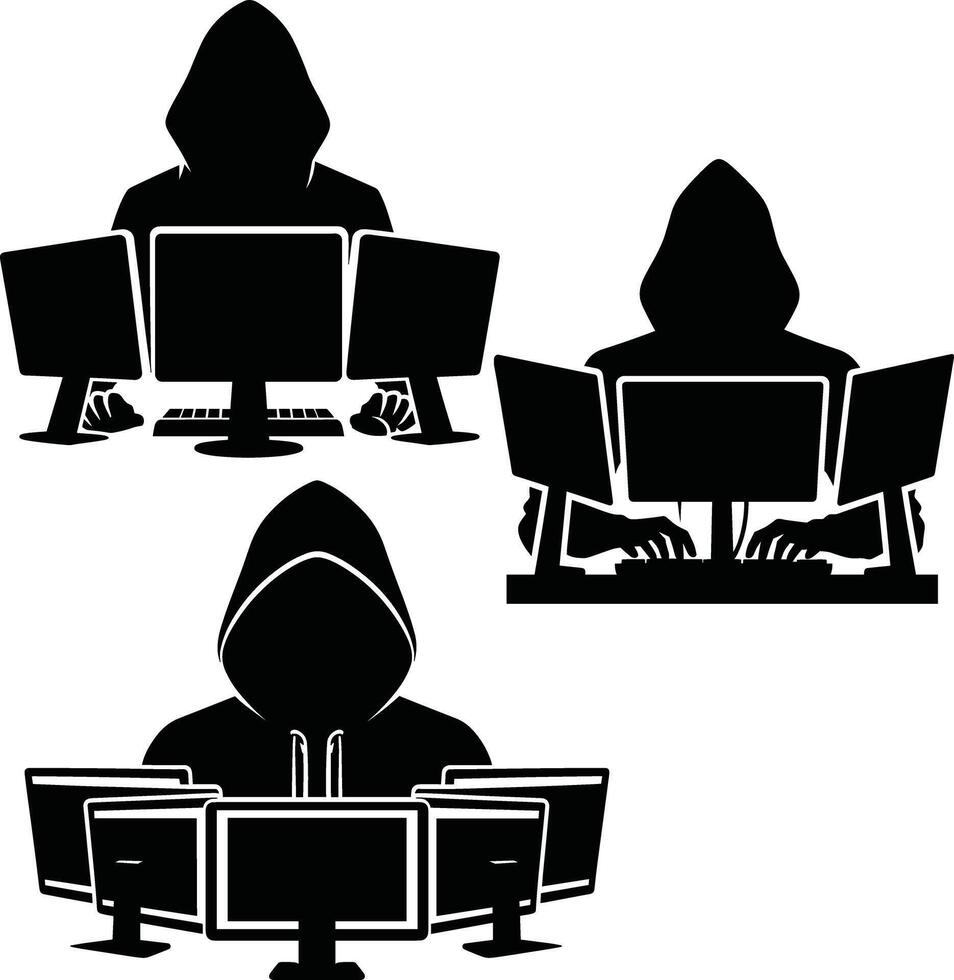 Silhouette of Hacker with Multiple Monitors vector