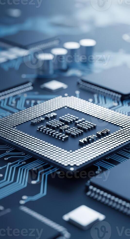 Closeup of a computer cpu processor on a blue circuit board photo