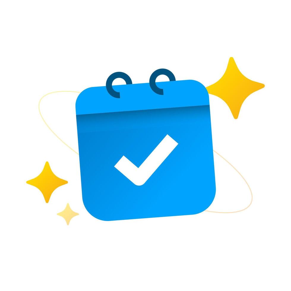 Modern gradient illustration of a calendar with check mark and glowing sparkles. completed schedule, confirmed appointment, successful planning, task done, and deadline achieved vector
