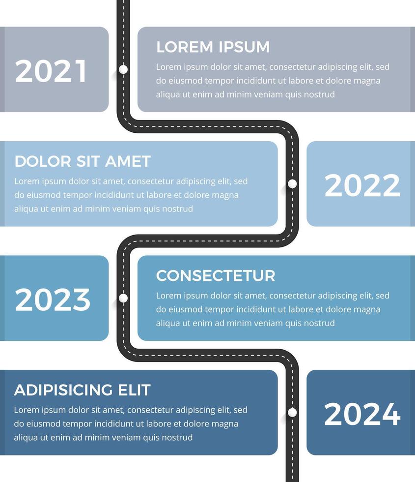Vertical timeline infographics template with road with four elements for dates and text vector