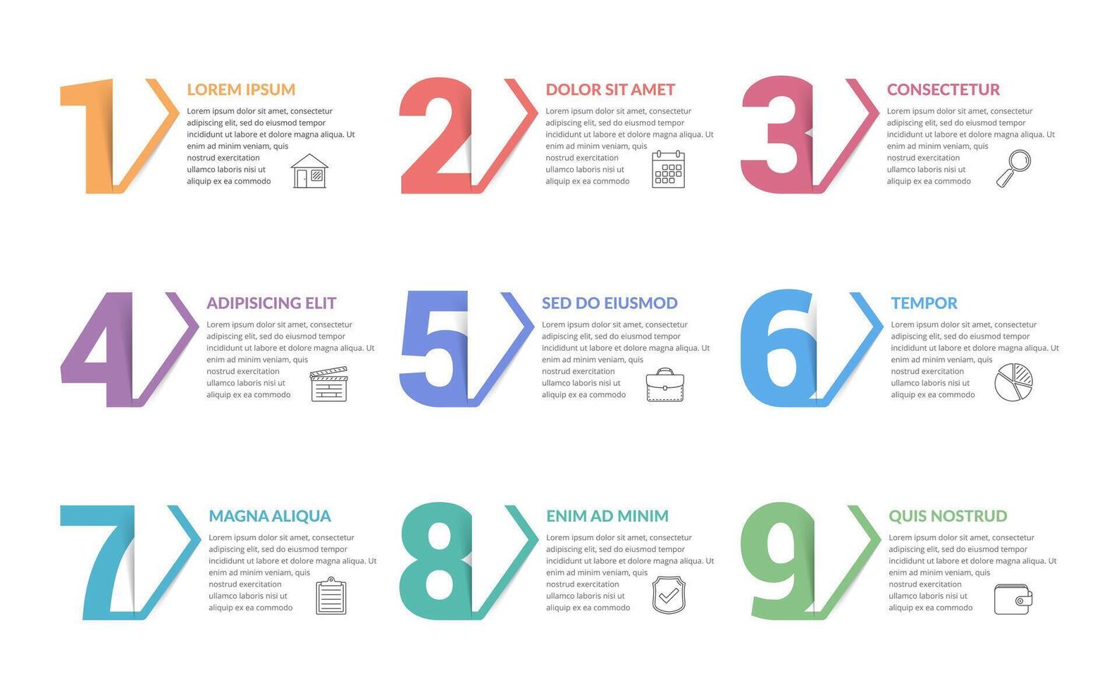 Nine numbers with arrows with place for your text, can be used as steps, options, process design, workflow vector