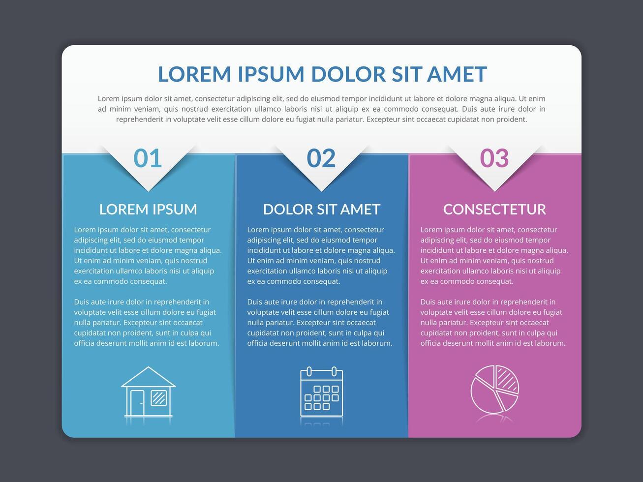 Infographic template with 3 elements for text and icons, can be used for web design, workflow layout, process chart, report, company milestones, dark background vector