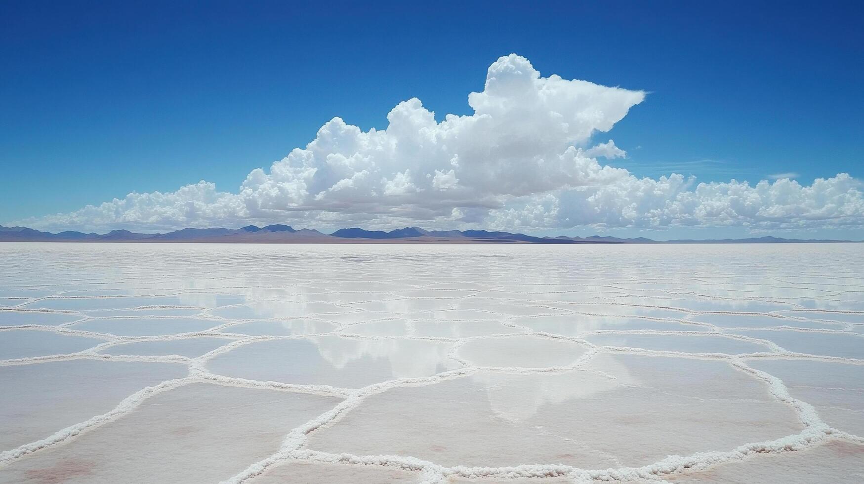 vast salt flat reflecting sky, creating stunning landscape with hexagonal patterns and fluffy clouds. serene atmosphere invites tranquility and wonder photo