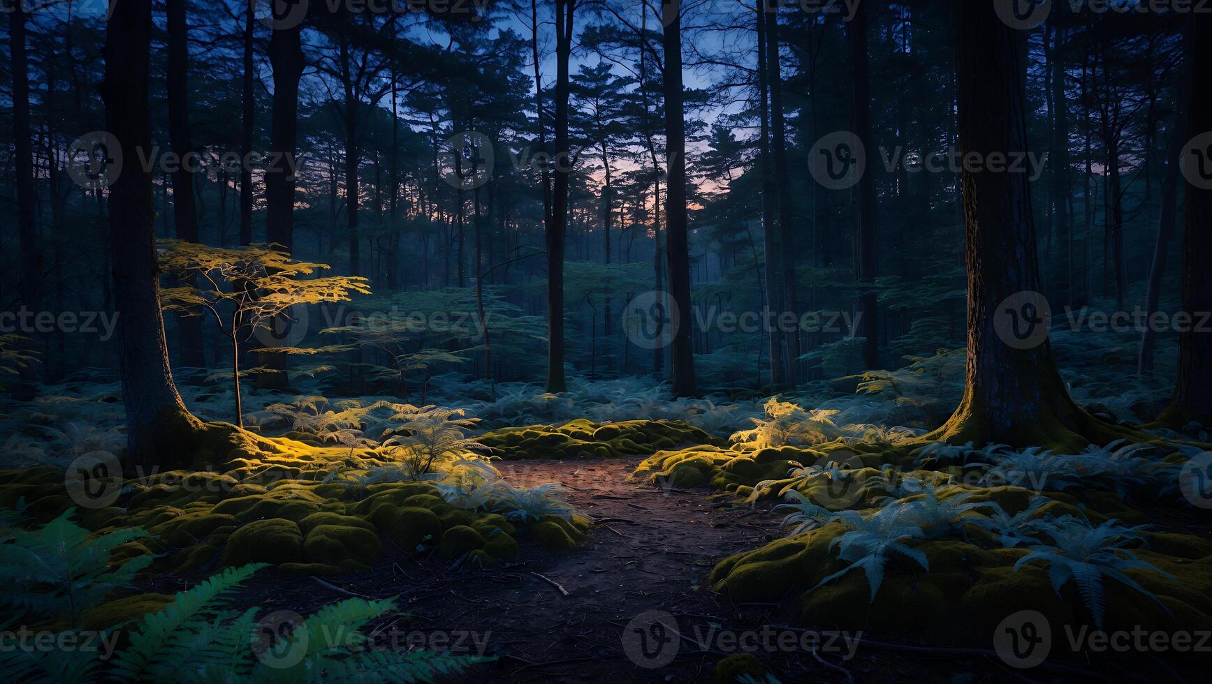 Walking Through Forest Pathway with Ferns and Moss at Twilight photo