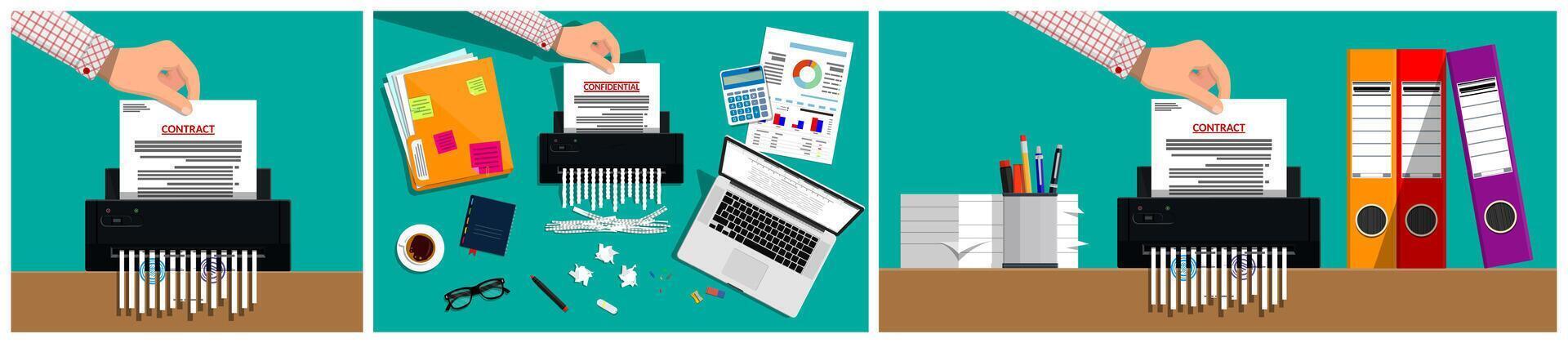 Organizing documents with a shredder and folders vector