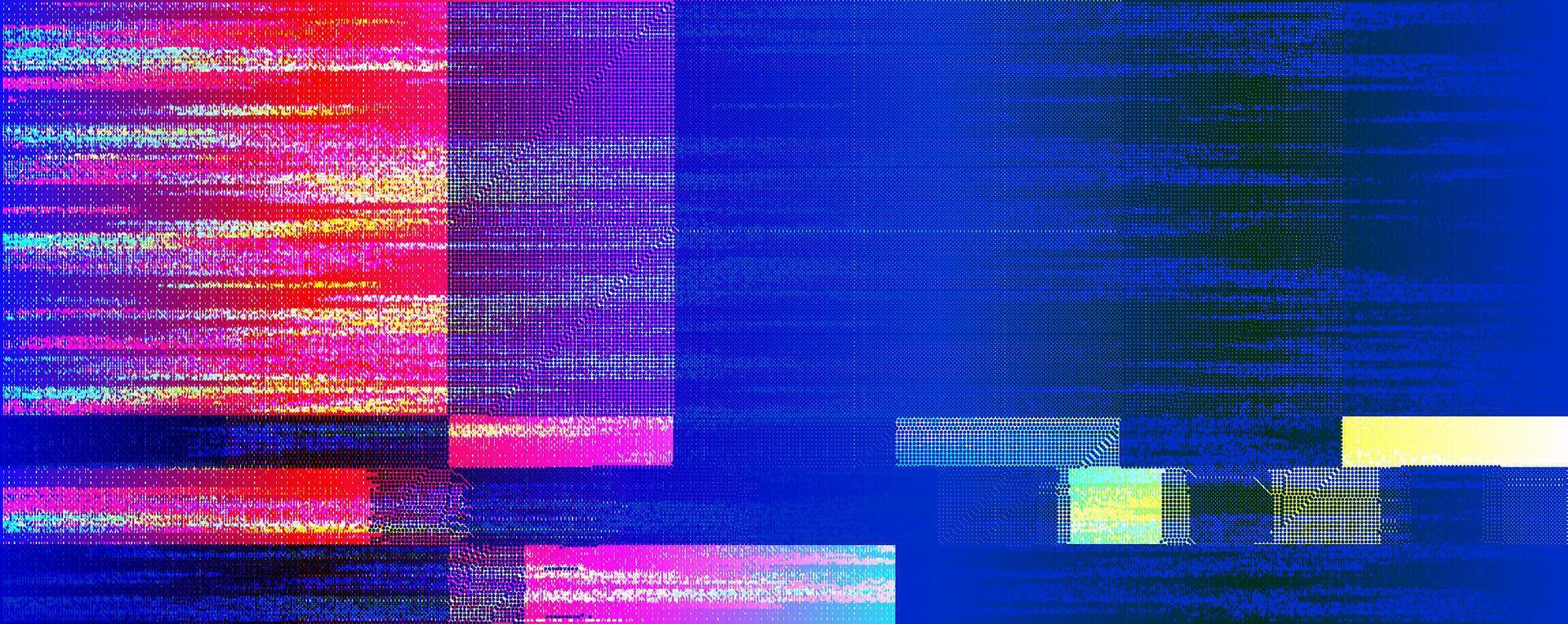 Vibrant glitch background with distorted blocks and RGB color errors on a blue base. Modern and edgy digital texture vector
