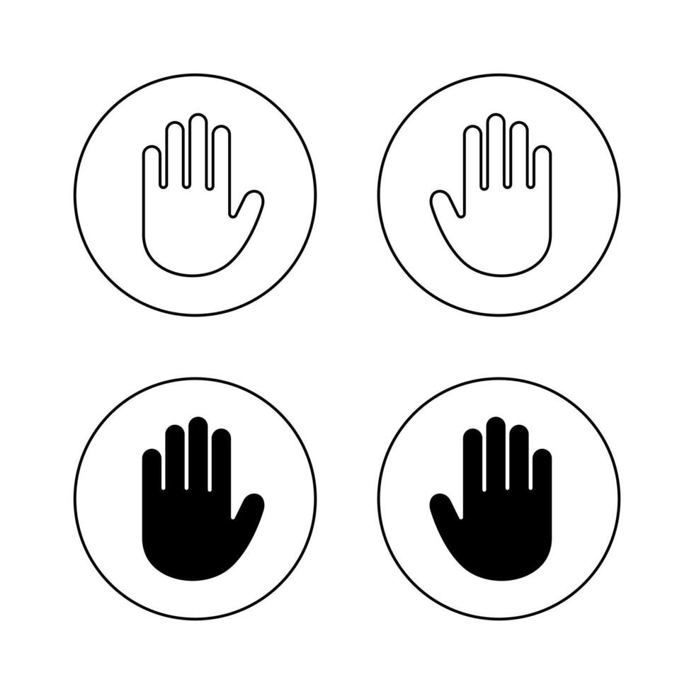 Hand stop icon in circular outline. Raised palm alert symbol. Denial gesture concept vector