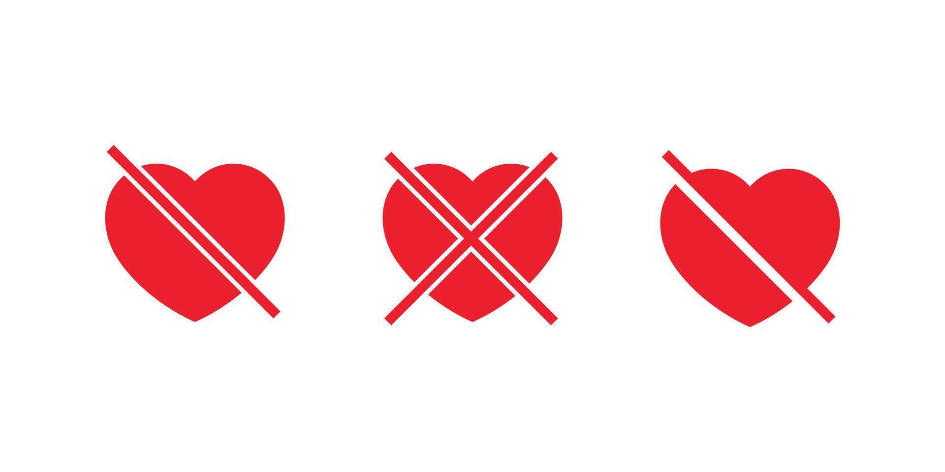 No love icon set in flat design. Heart with cross and slash symbol vector