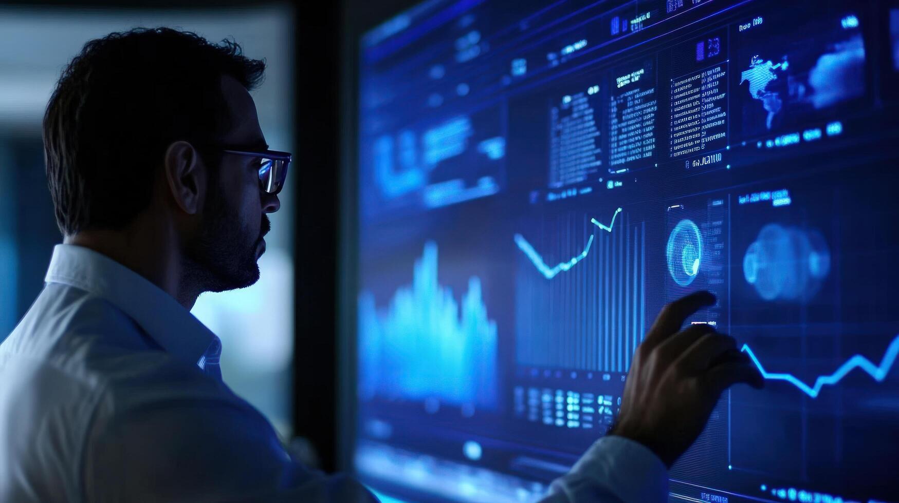 Businessman interacts with a large interactive display showing data visualizations photo