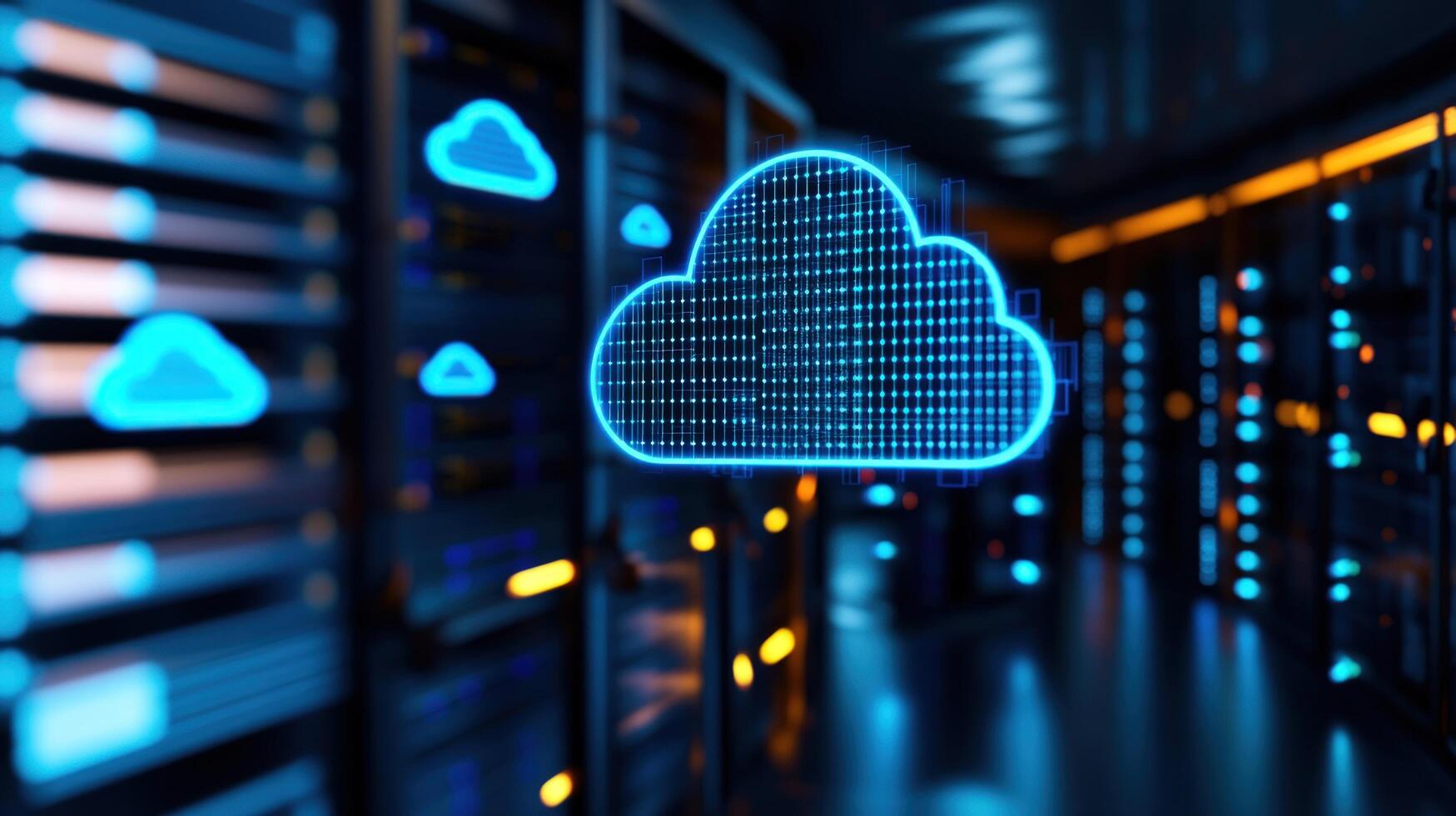 Cloud computing server room. Digital cloud graphic hovering over rows of server racks photo