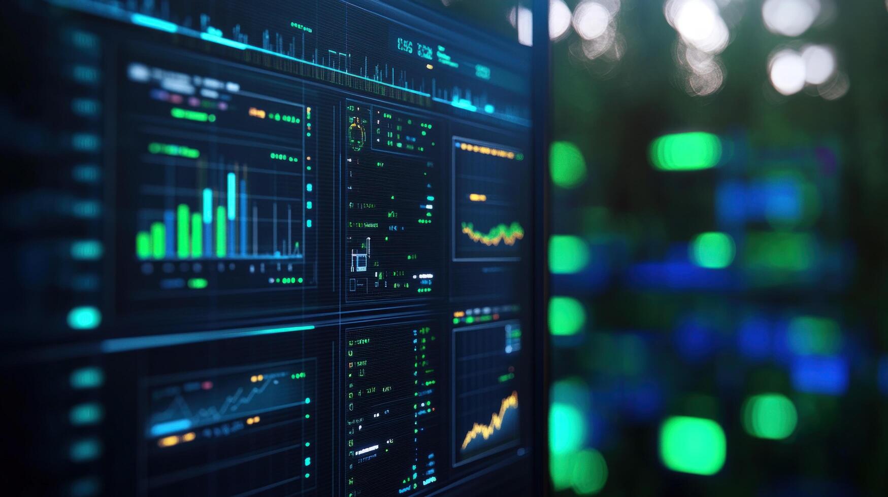 Computer monitor displaying multiple data graphs and charts photo