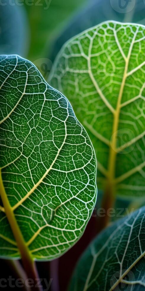 Detailed close-up view of green leaves showcasing intricate vein patterns and vibrant textures in natural light photo