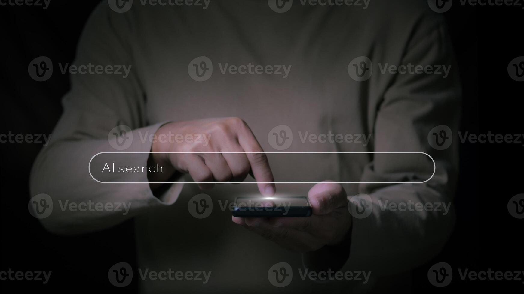 AI Internet Search Technology, Businessman Touching the Channel for Searching Information on the AI-Powered Network, Search Engine Optimization, Artificial Intelligence Data Technology photo