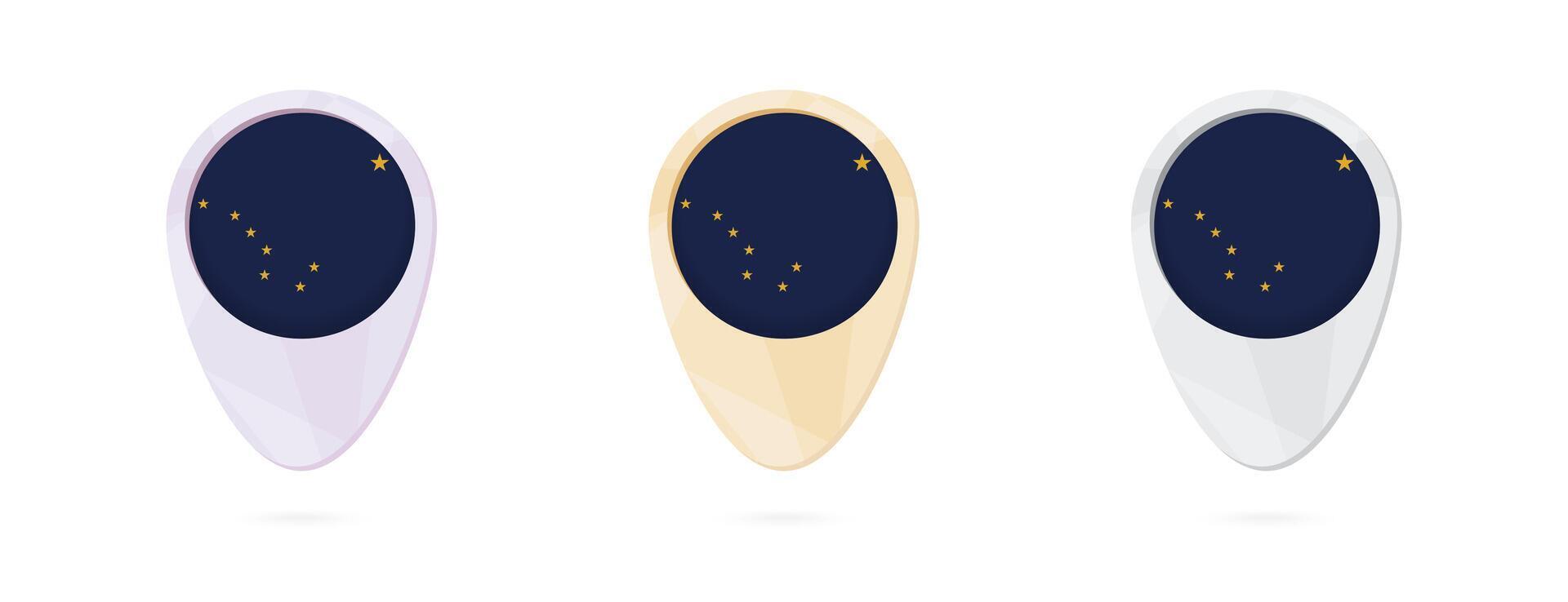 Map markers with flag of US state Alaska, 3 color versions. vector