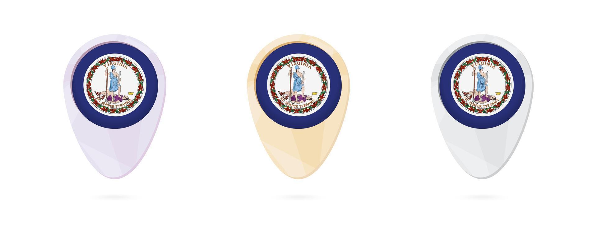 Map markers with flag of US state Virginia, 3 color versions. vector