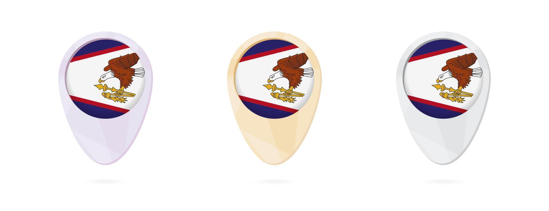 Map markers with flag of American Samoa, 3 color versions. vector