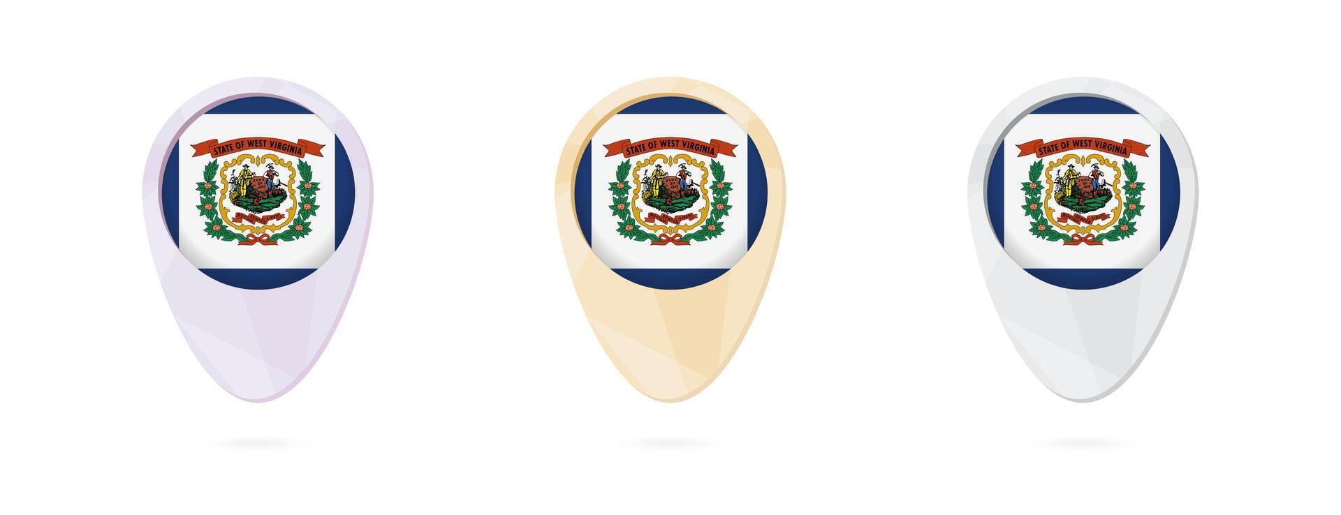 Map markers with flag of US state West Virginia, 3 color versions. vector
