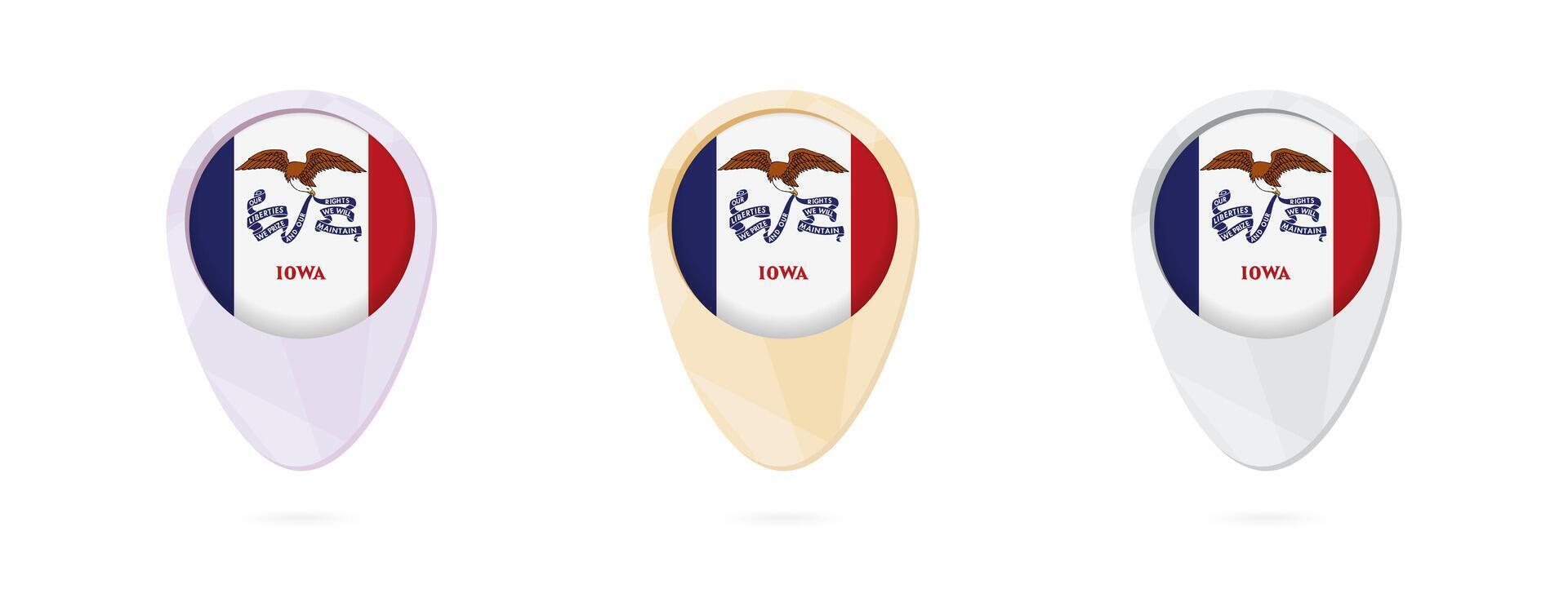 Map markers with flag of US state Iowa, 3 color versions. vector