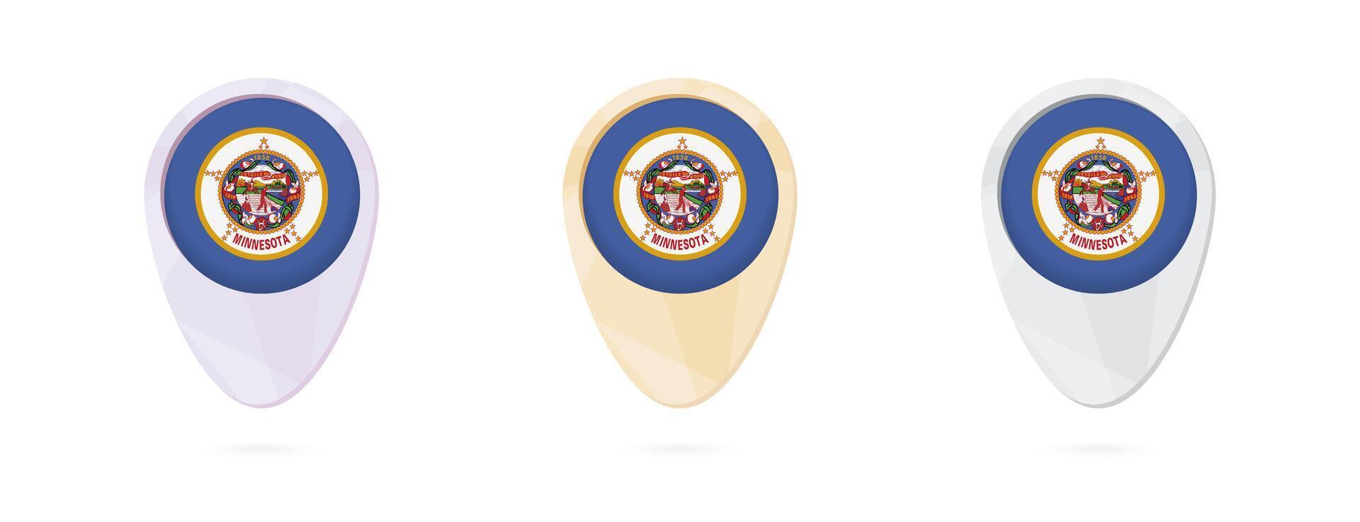 Map markers with flag of US state Minnesota, 3 color versions. vector