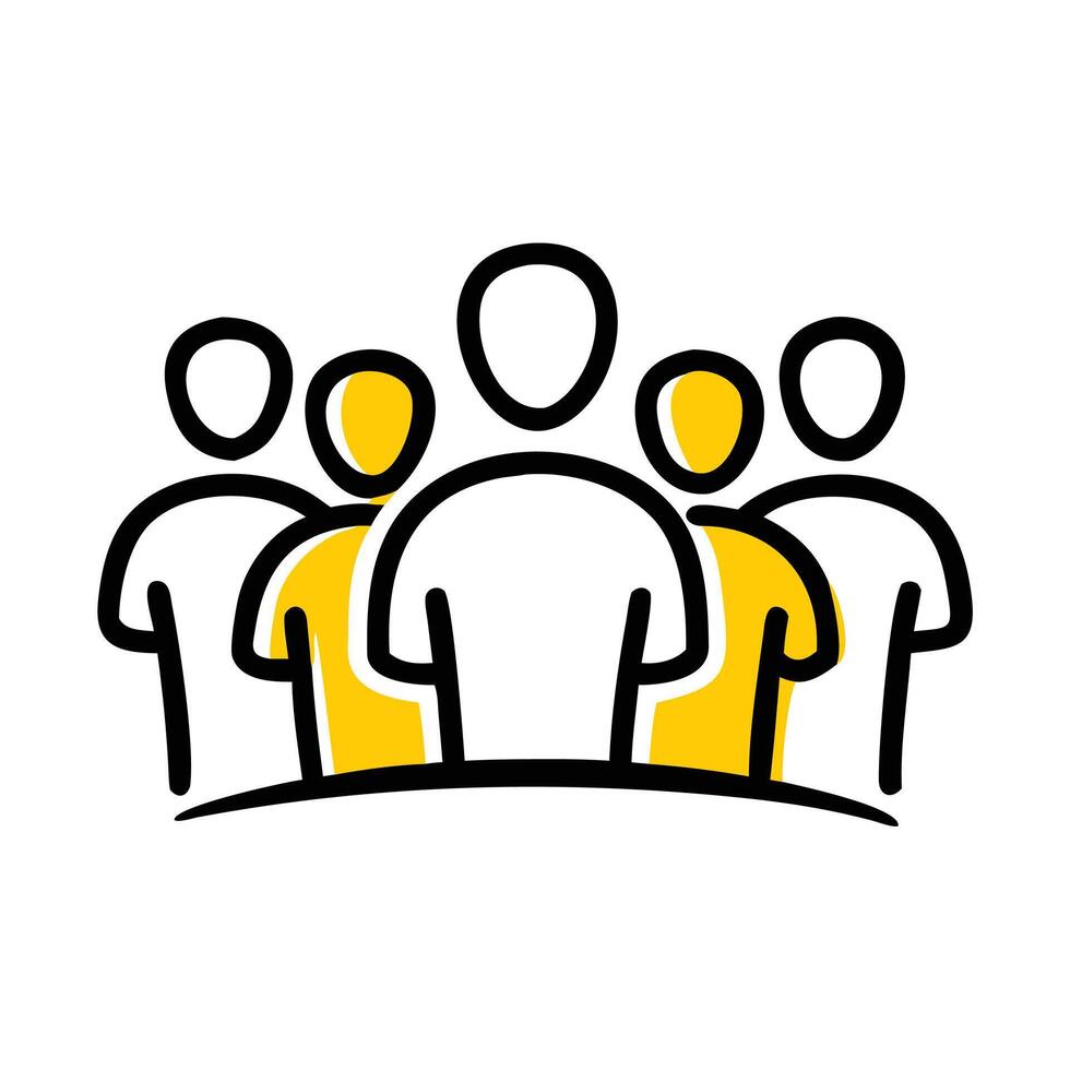 Art of a group of people standing together, some highlighted in yellow, , representing teamwork, collaboration, and community spirit vector