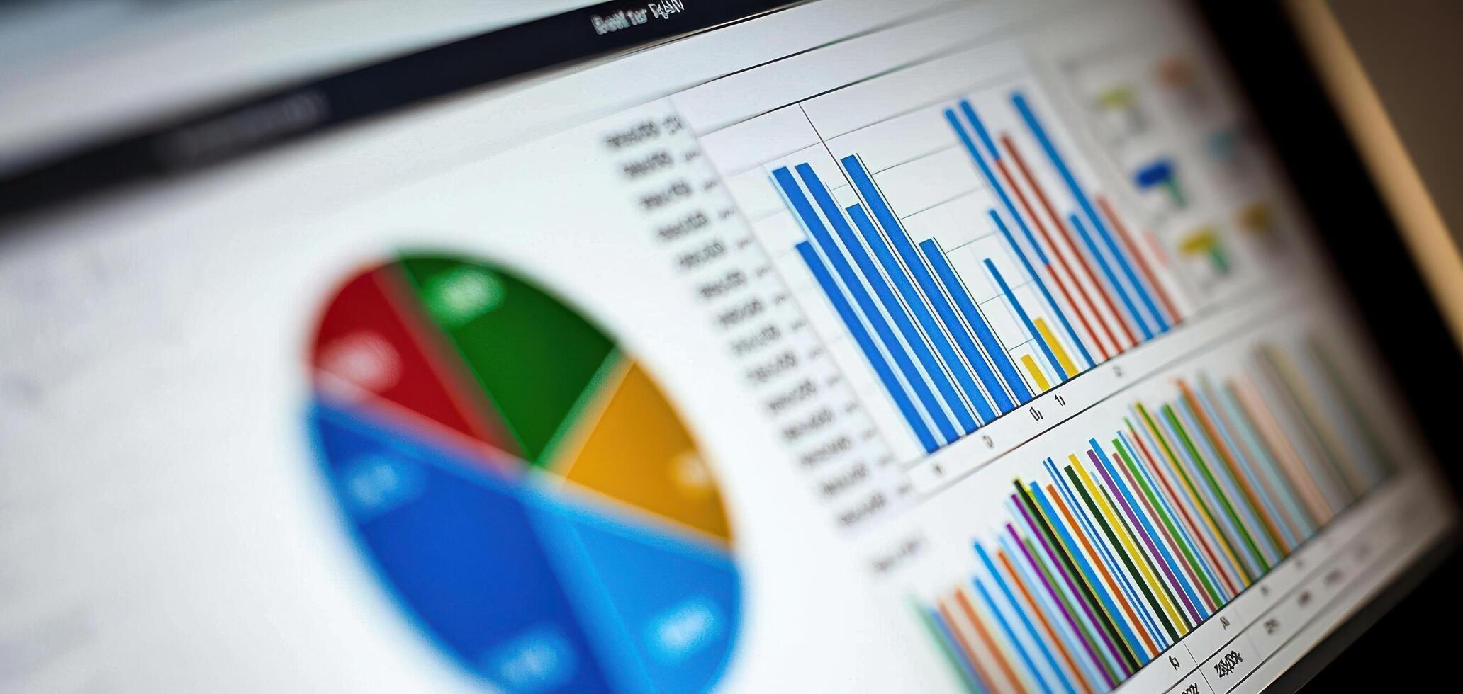 Business analysis charts and graphs on a computer screen, white isolate background. photo