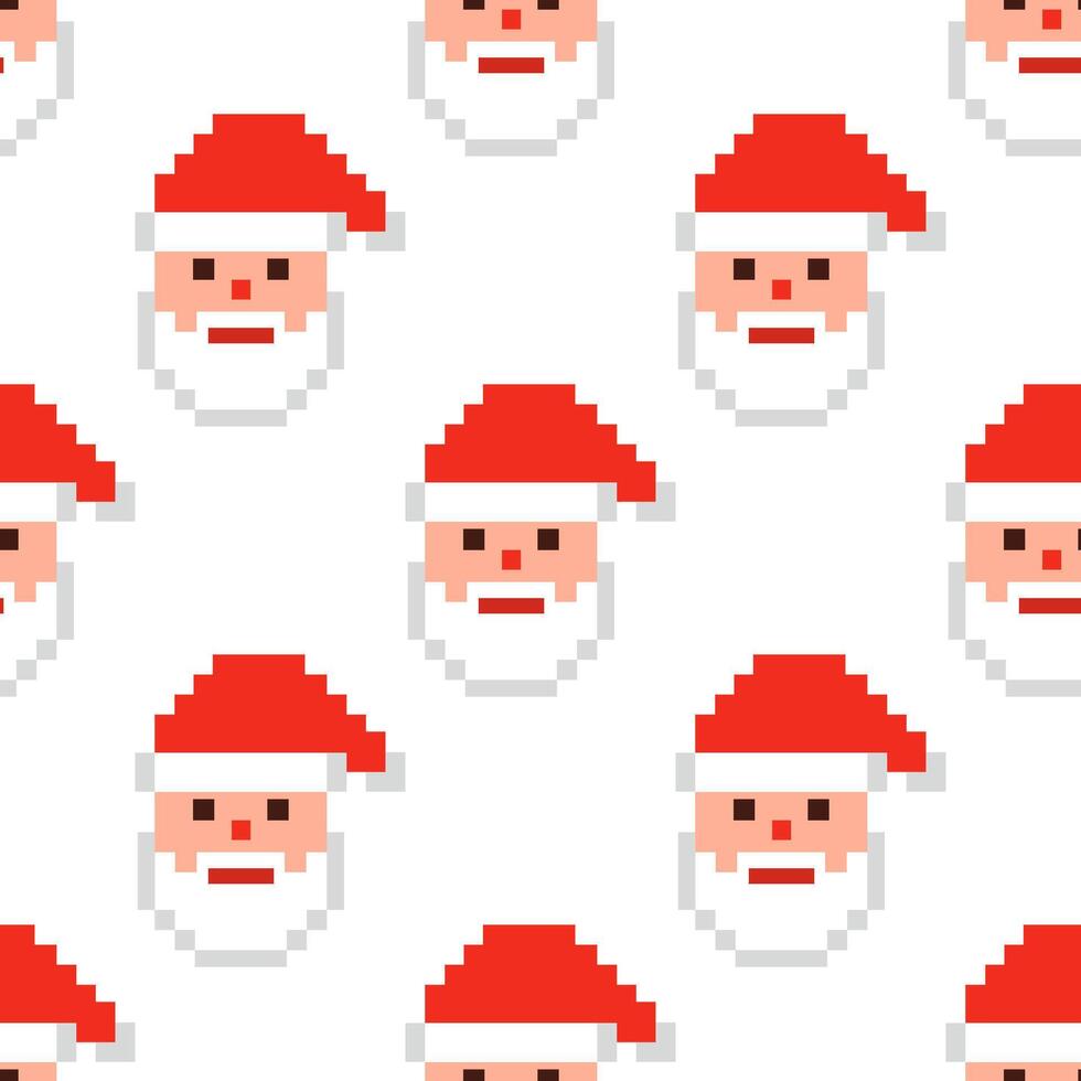 A festive repeating pattern featuring pixelated images of Santa Claus, creating a cheerful, holiday-themed design. The pattern is perfect for holiday-themed designs, backgrounds vector