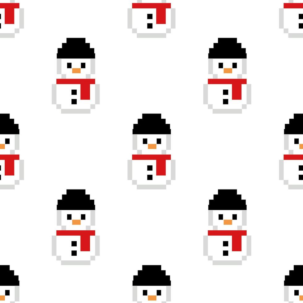Pixel art style snowman in red scarf, pixelated background, Seamless pattern vector