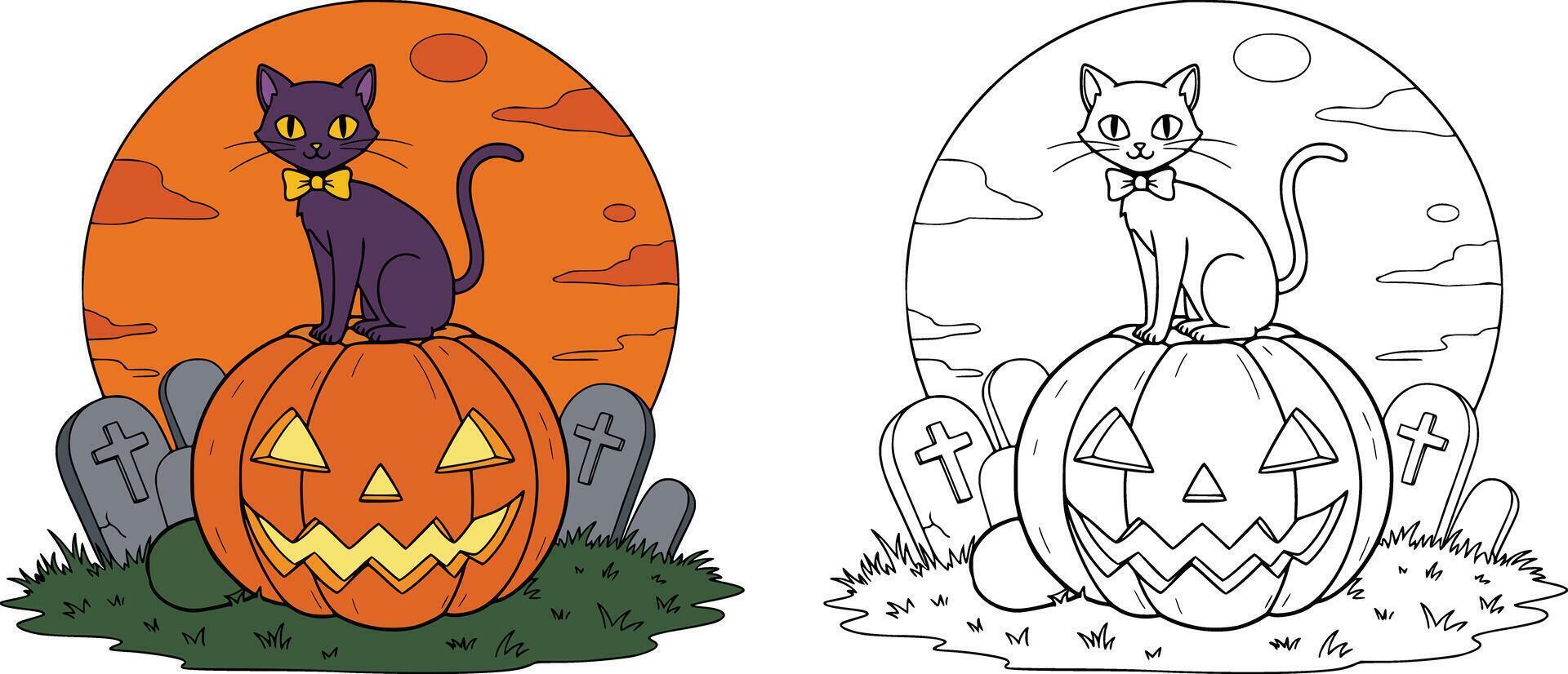 Black cat on a halloween pumpkin with graveyard and moon background, color and outline version vector