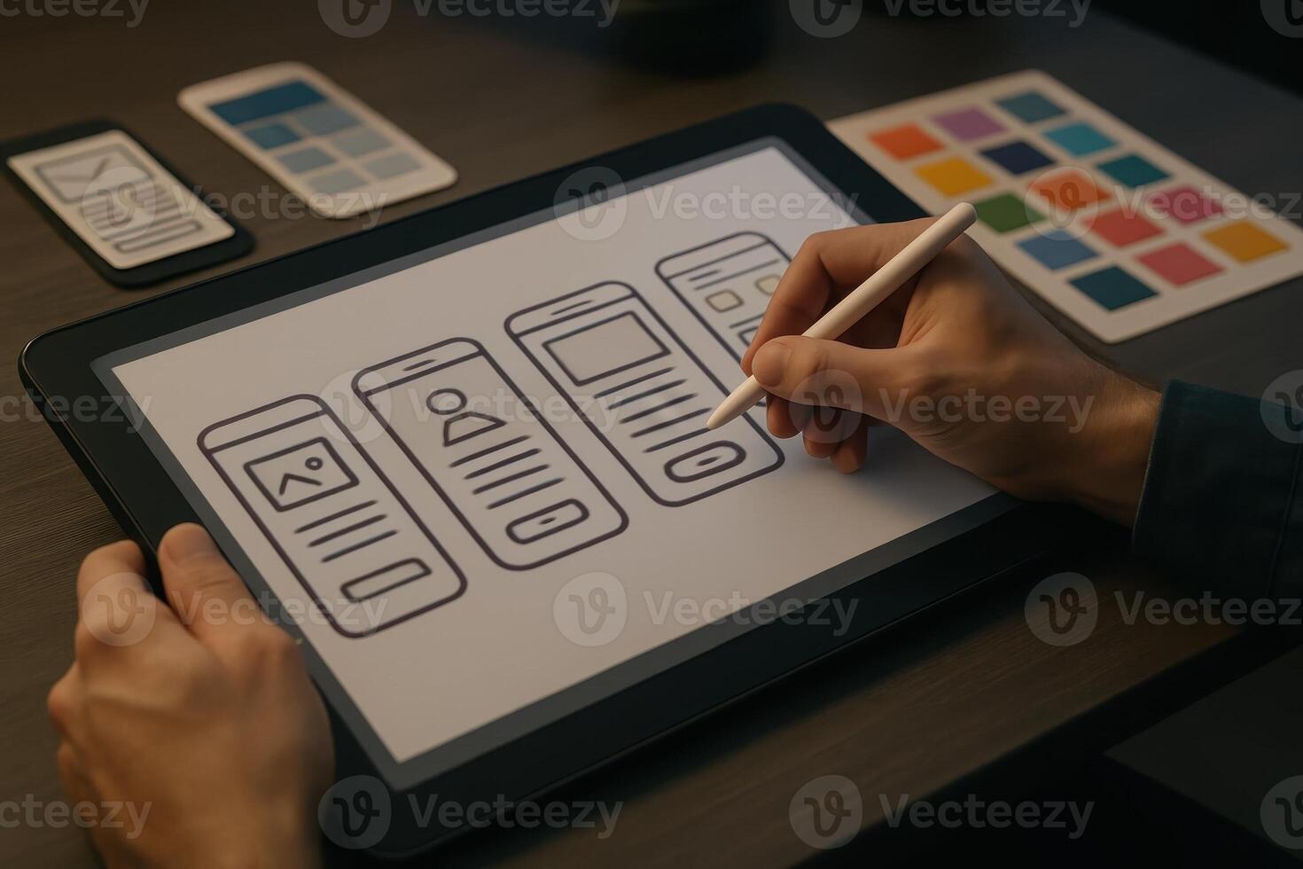 Professional designer sketching mobile app user interface wireframes on digital tablet photo