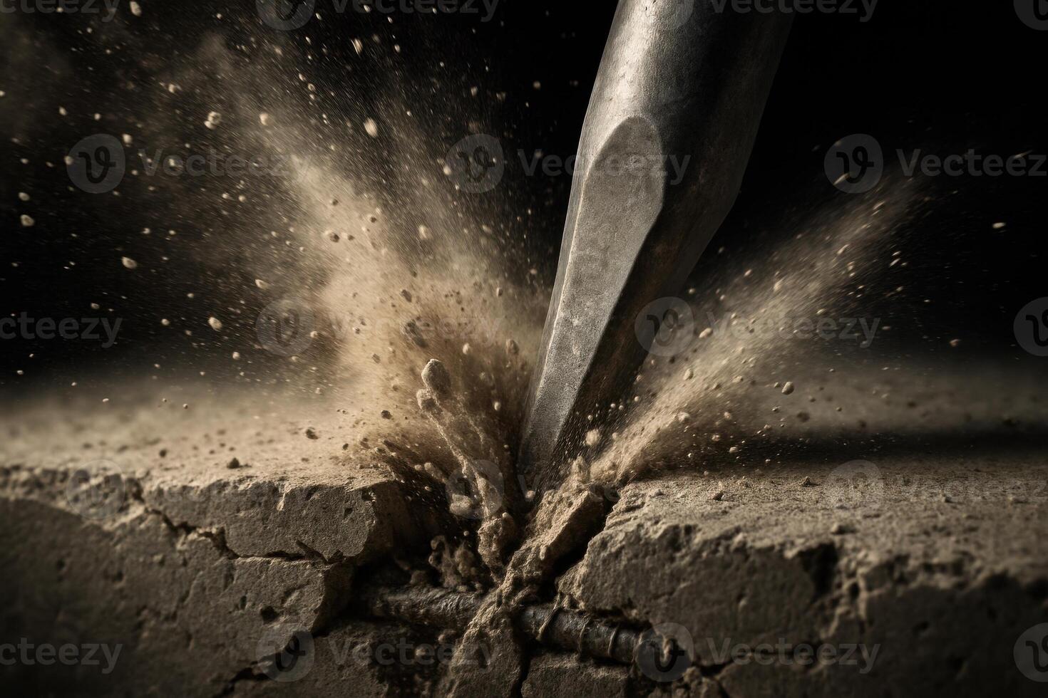 Powerful chisel striking concrete, creating dust and debris during demolition photo