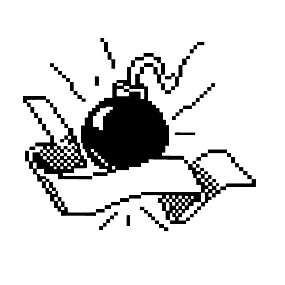 Pixel art bomb with burning fuse on blank banner retro 8 bit explosive symbol, danger warning, black and white illustration vector