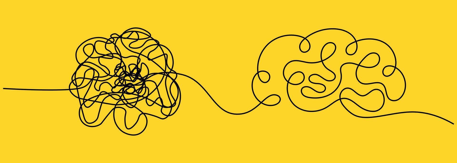 Tangled line transforming into organized shape of brain, symbolizing problem solving, clarity from confusion, creativity, mental health, therapy, communication, and mindfulness. Untangle and brain vector