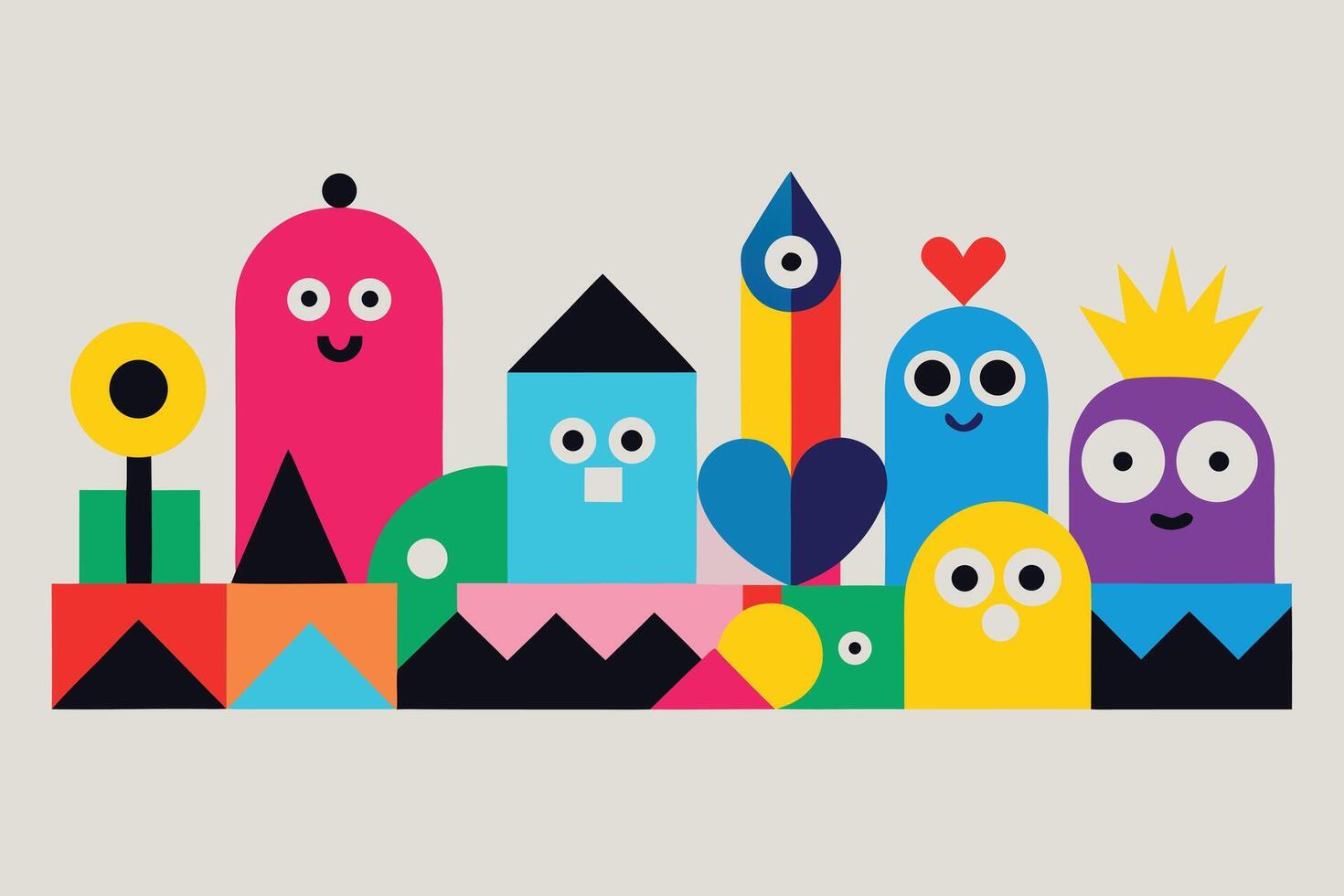 Playful Geometric Character Illustrations Colorful Cartoon Monsters with Simple Shapes and Expressions, Design vector