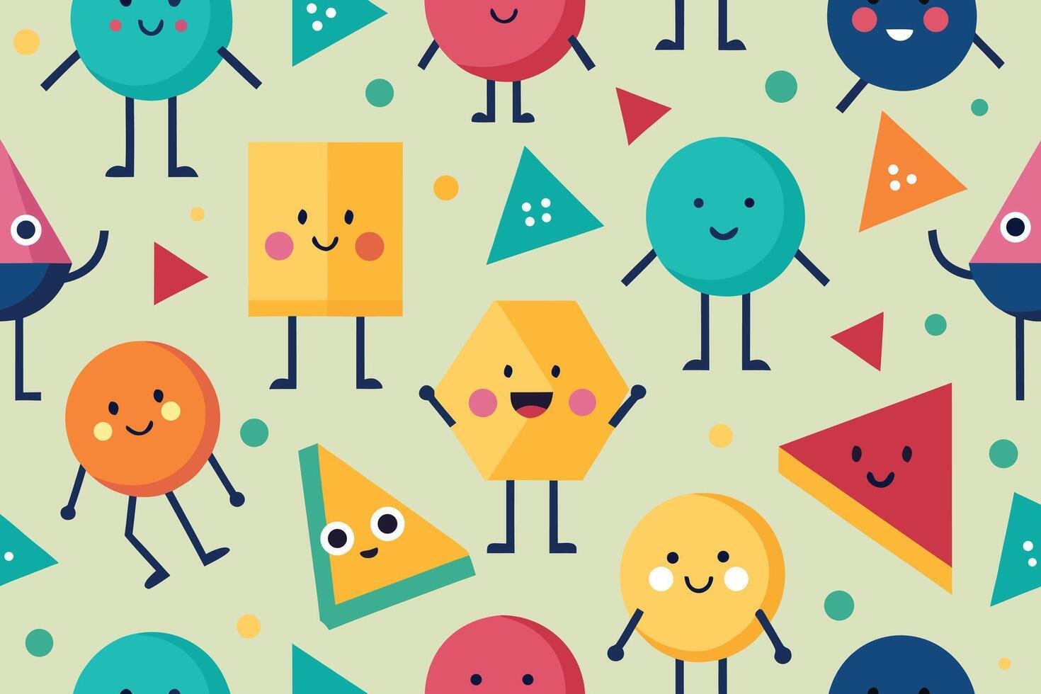 Geometric Shape Cartoon Characters Seamless Pattern Featuring Circles, Triangles, Squares, and Hexagons vector