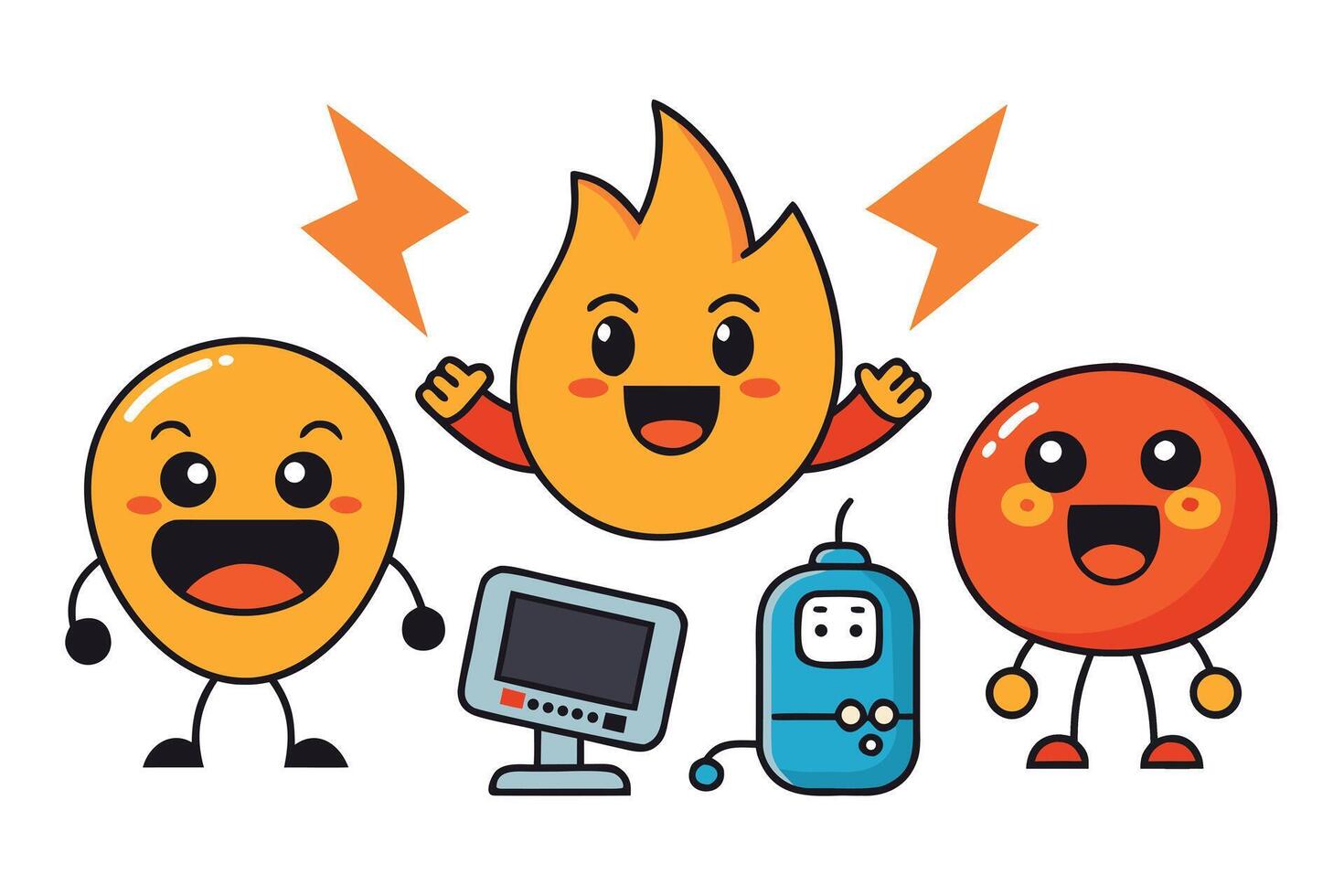 Cartoon Characters Featuring Computer, Robot, Lightning Bolts, and Smiling Faces on White Background vector