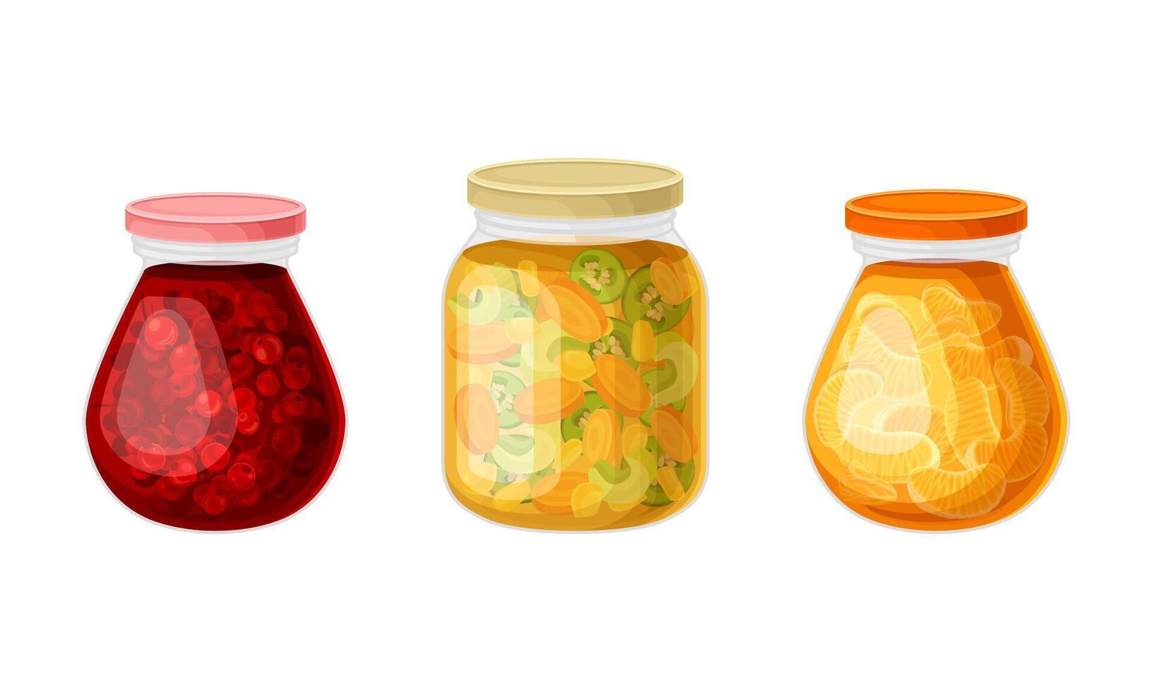 Three jars with different types of food in them vector