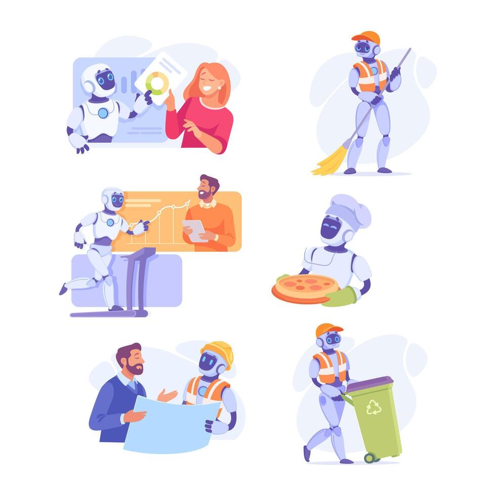 Robot workers, robot workers, robot workers, robot workers, robot workers, robot workers, vector