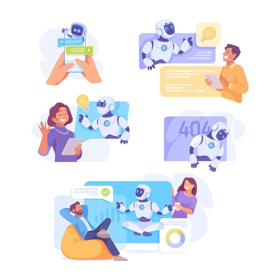 People using robots and other technology vector
