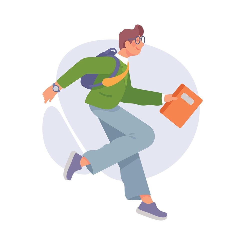 A man with a backpack and a folder running vector