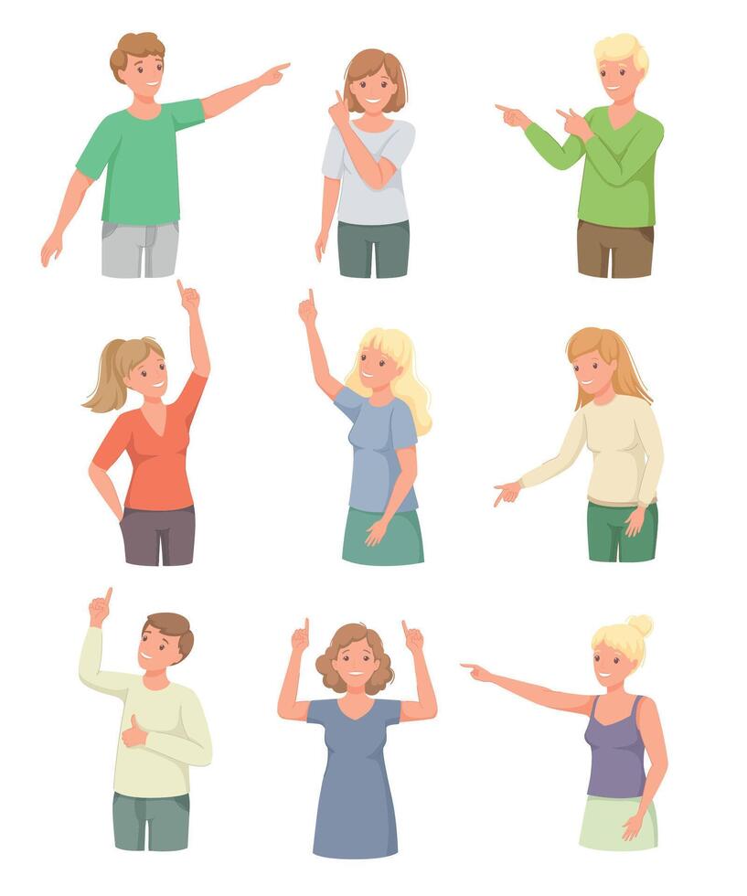 People Character Indicating Something Pointing with Index Finger as Hand Gesture Specifying Direction Set vector