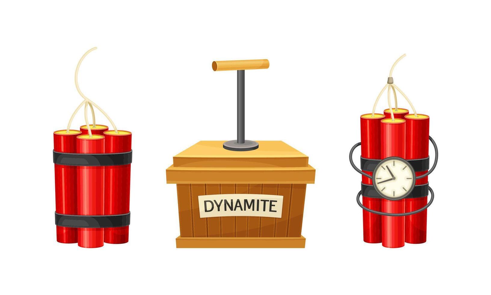 Dynamite Red Stick and Box as Explosive Material with Blasting Cap and Cable or Fuse Set vector