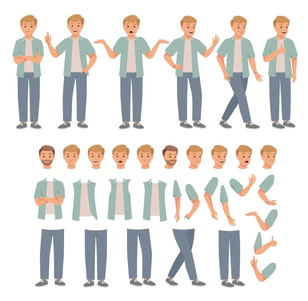 Young Man Character Constructor with Separated Body Parts and Face with Different Emotion Set vector