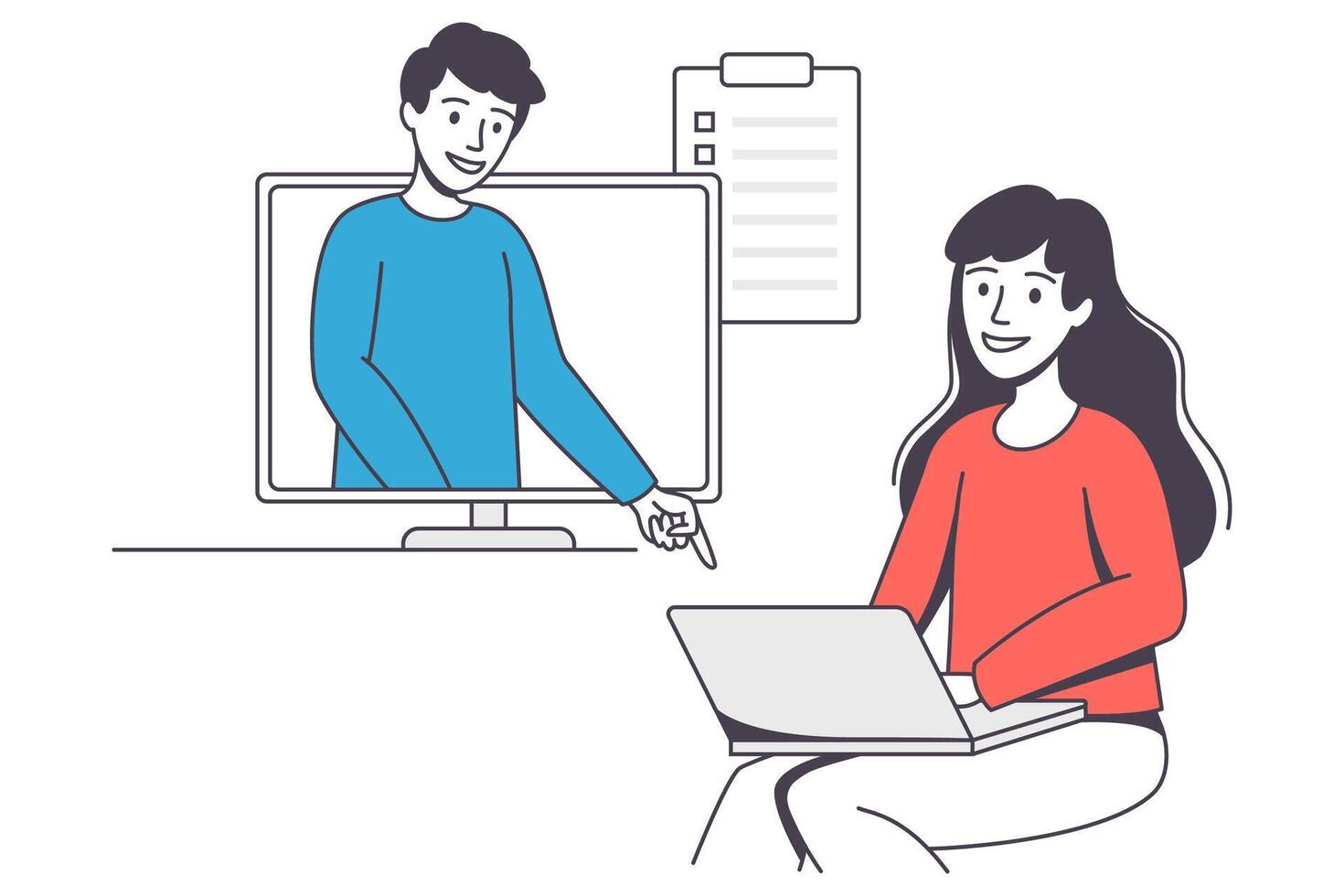 un hombre y mujer son sentado a un computadora y señalando a un pantalla vector