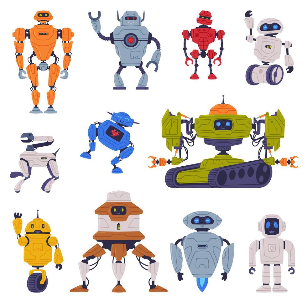 Metal Robot Machine with Limbs for Labor Automation Set vector