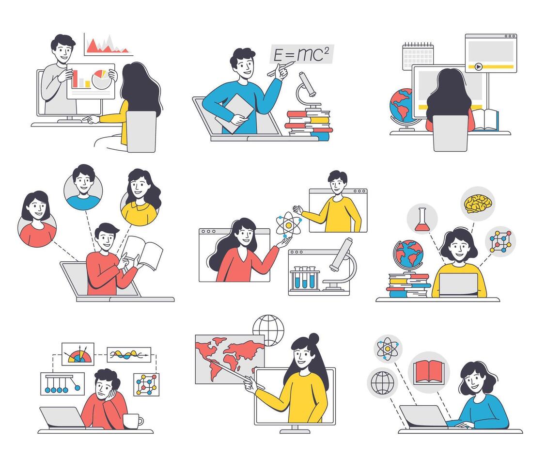Online Learning with Man and Woman Student and Instructor Engaged in Virtual Classes Outline Set vector