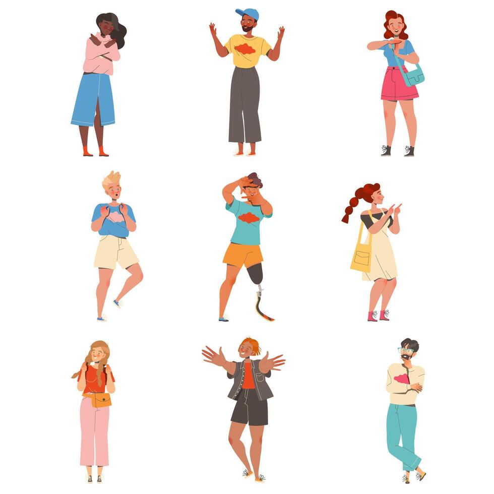 People Character Showing Different Hand Gesture Expressing Emotion with Body Language Set vector