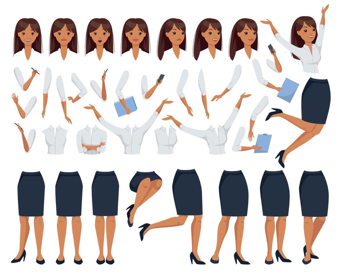 Office Woman Constructor and Creation Kit with Body Gesture and Face Emotion Set vector