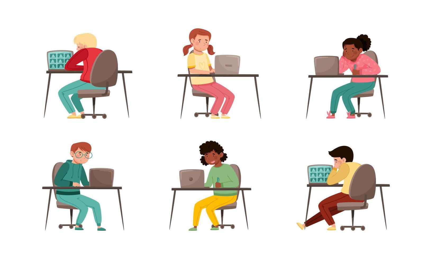 People sitting at a desk with laptops and computers vector