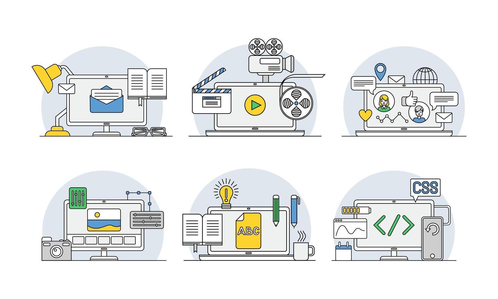 Online Profession with Learning Platform and Computer Interface Display Line Set vector