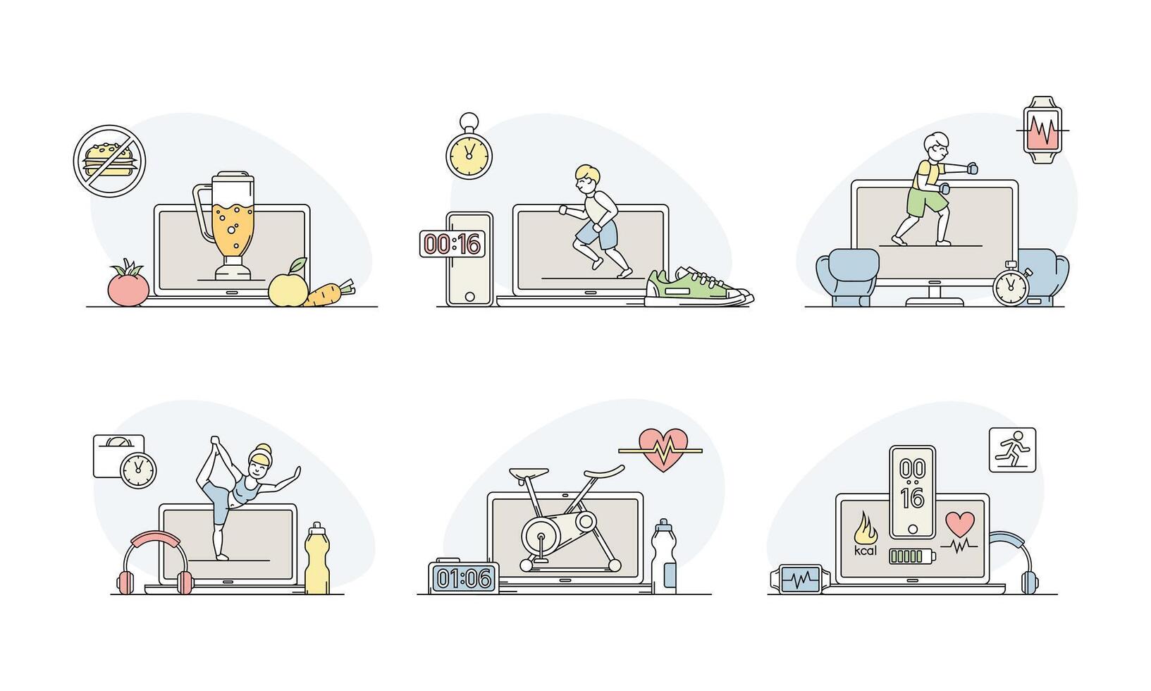 Online Sport and Physical Exercise with Computer Screen and Timer Set vector